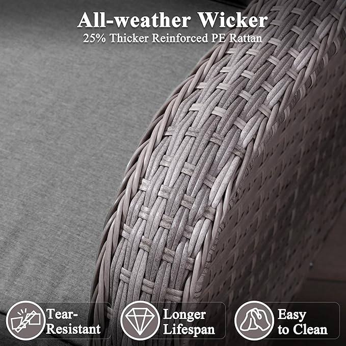 9 Piece Wicker Patio Furniture Set, Swivel Rocking Chairs with 4''Cushions, PE Rattan, Rust Resistant Frame, Double Layer Glass Side Table, for Backyard, Deck or Balcony, Black