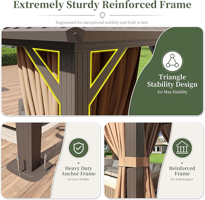 Aoxun 10'x10' Hardtop Gazebo with 4 LED Lights, Outdoor Gazebo with Galvanized Steel Double Roof, Patio Gazebo with Breathable Netting & Privacy Curtain, Decor Hooks for Backyard, Brown
