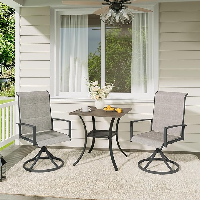 VICLLAX 3 Pieces Outdoor Dining Set, Patio Furniture Set Includes 27.6" Square Metal Table W/ 1.9" Umbrella Hole and 2 Padded Textilene Swivel Chairs for Porch, Lawn, Garden, Backyard