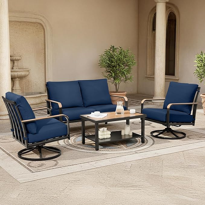 NATURAL EXPRESSIONS Patio Furniture Sets,4 Pieces Metal Outdoor Conversation Sofa Set with High Back Swivel Rocking Chairs with Anti-Scald Armrest,Double-Deck Wooden-Grain Table,6" Cushions for Yard