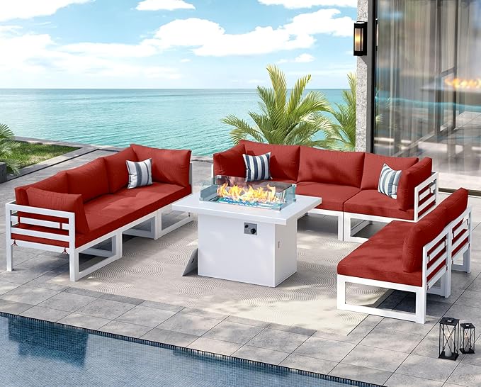 NICESOUL 9 Pcs Extra Large Modern Aluminum Outdoor Sofa with Fire Pit Table, 29" Deep Wide Seat, 500 lbs Durable Sectional Set for Heavy People, Water Resistant Patio Furniture Set for Backyard, Red