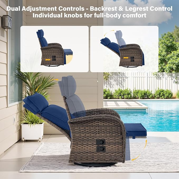 Belord Dual-Adjust Outdoor Swivel Recliner Chairs – Reclining Patio Chair with Adjustable Backrest and Footrest, All-Weather Wicker Chaise Lounge Chairs Outdoor for Pool Deck Brown (Upgraded 2.0)