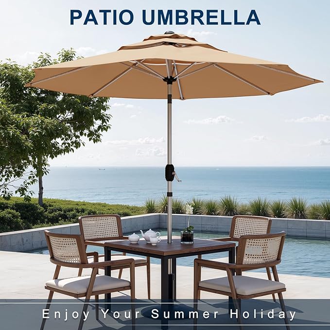 9FT 3-Tier Aluminum Outdoor Patio Umbrella, Fade-Resistant Market Umbrella with Push Button Tilt Function, 8 Sturdy All-Aluminum Ribs for Gardens, Patios, Backyards & Pools
