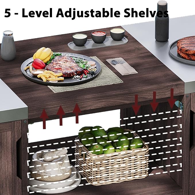 RUNNA Outdoor Kitchen Island for Big Green Egg Grills, Solid Wood Outdoor Grill Cart for Tabletop Grill with Stainless Steel Top, Drawer, Compatible with Large Big Green Egg, Kamado Joe (Brown@029)
