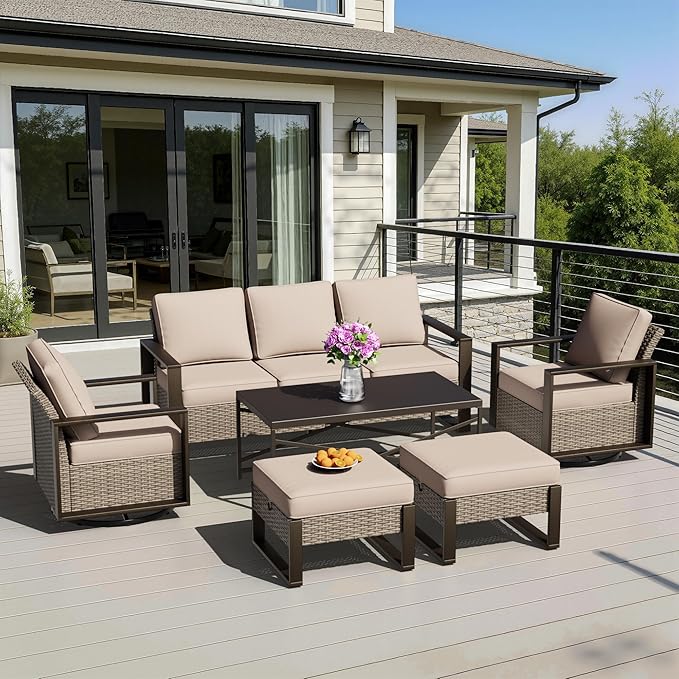 6 Pieces Metal Wicker Patio Furniture Set - 75" Sofa, Two Swivel Chairs and Two Ottomans, One Coffee Table All Weather Rattan Outdoor Conversation Furniture with Washable Cushion for Deck, Beige