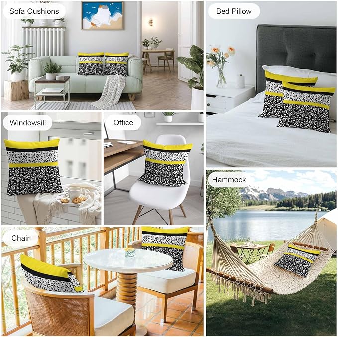 Black Yellow Outdoor Pillow Covers 26x26 Inch Throw Pillow Covers Set of 2 Waterproof Decorative Pillow Cases Garden Floral Stripe Aesthetic Flower Boho Cushion Covers for Patio Furniture Garden Couch