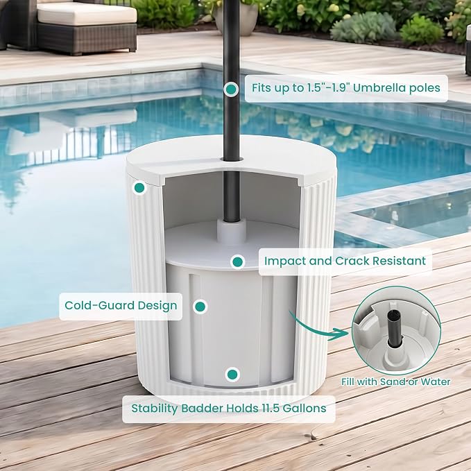 SUNBURY Umbrella Side Table, Outdoor Patio Table with Umbrella Hole for Porch, Round Base Outdoor Garden Stand for Modern Coffee, Picnic or Poolside Table, Easy Assembly, White