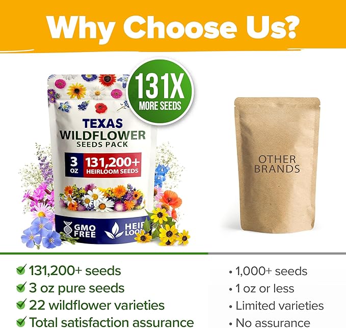 HOME GROWN Texas Wildflower Seeds Bulk Mix | 131,200+ Pure USA Grown Perennial Flower Seed for Planting | 22 Varieties for Birds & Butterflies Garden | 3 oz