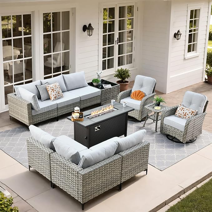 Outdoor Patio Furniture Sets,11 PCS Patio Conversation Set Outside Rattan Sectional Sofa with 54 in Fire Pit Table Wicker Rocking Chair Coffee Table Fit Backyard Porch Garden Poolside Balcony