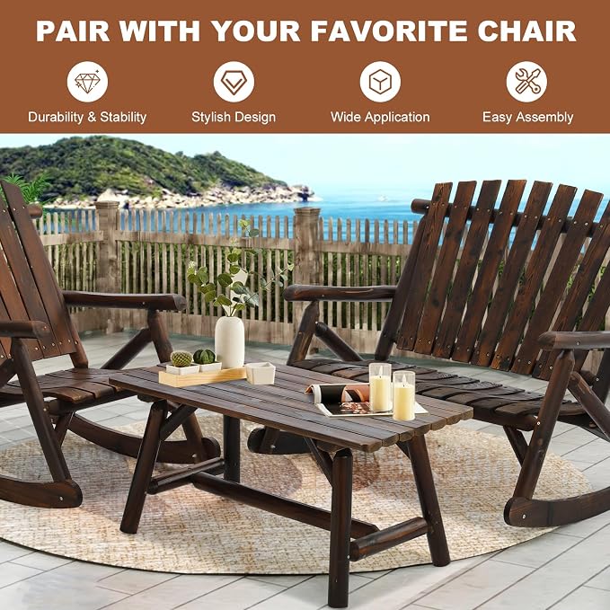 HOMEDIARY Wooden Adirondack Log Side Table, Cedar Wood Outdoor Rectangular End Table w/Slatted Tabletop, Oversize 41.5” Indoor Outdoor Patio Side Coffee Table for Garden Patio Backyard, Carbonized