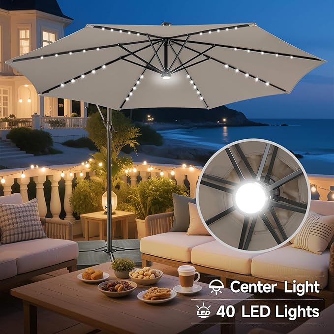 Solar Offset Patio Umbrella - 10 FT Solar Cantilever Umbrella Outdoor with 40 LED Lights and Cross Base, UV Protection for Garden, Deck, Backyard, Pool, Porch, Taupe