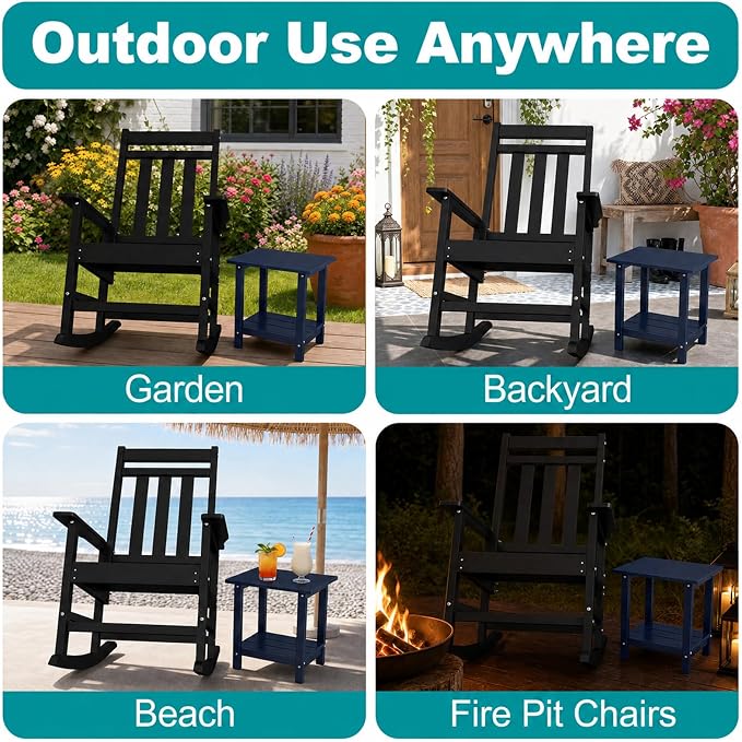 Outdoor Side Table with Storage Shelf, 2-Tier Patio Side Table, HDPE All Weather Outdoor End Tables for Adirondack Chair, Small Patio End Table for Backyard Porch Lawn Poolside, Dark Blue