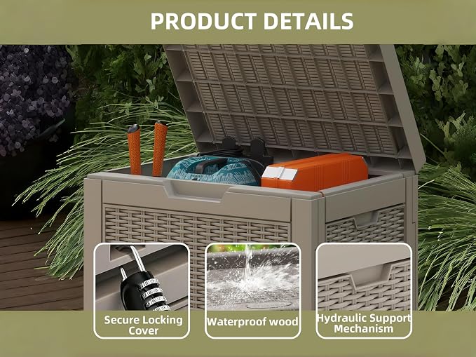 35 Gallon Outdoor Storage Box, Weather-Resistant Resin Deck Box, Multi-Purpose Lockable Patio Bin, Waterproof Garden Tool Organizer, Portable Cushion Chest for Poolside & Backyard