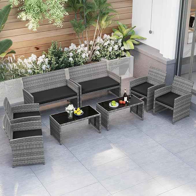 RELAX4LIFE 8-Piece Patio Furniture Set - Wicker Rattan Outdoor Sectional Sofa Set w/Glass Coffee Table, Loveseat, 2 Chairs & Soft Cushions, Bistro Conversation for Garden Porch (2, Grey-Black)
