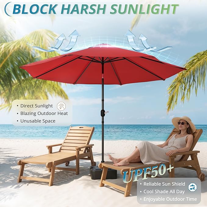 LUE BONA 10FT Patio Umbrella, Waterproof Outdoor Market Umbrella with Easy Crank & Tilt, Patio Table Umbrella for Deck Garden Backyard Pool, Bright Red