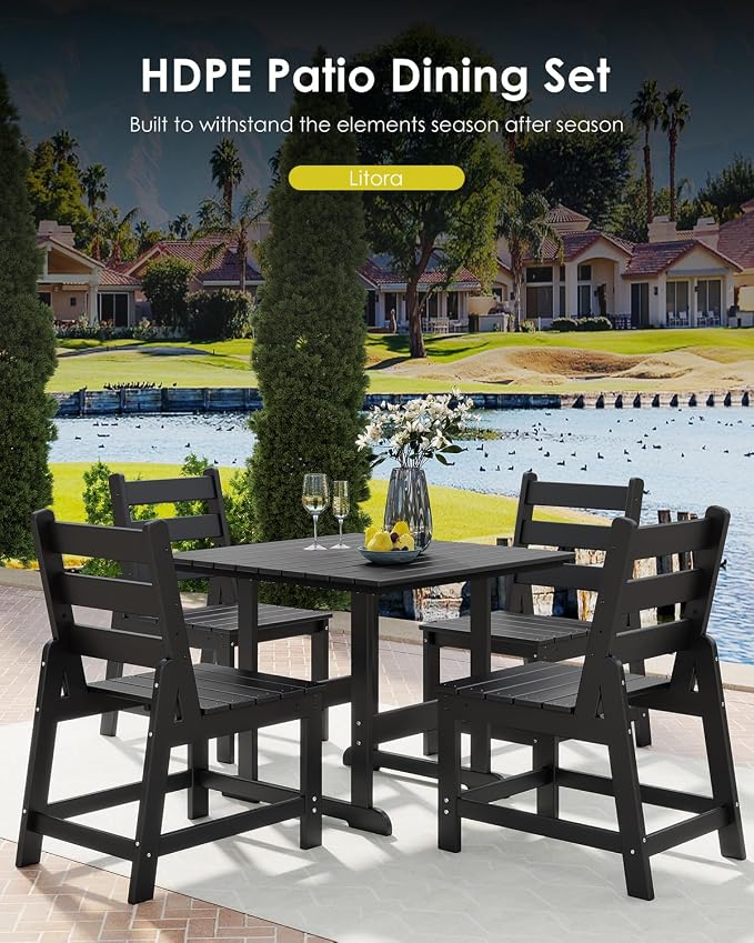 GREENVINES 5-Piece-Outdoor-Dining-Set | HDPE | Square | Patio Furniture | All Weather | Armless Chair | Slatted Table and Chairs Sets for 4 | for Backyard Poolside Garden | Black