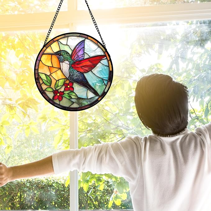 DASTOLL Stained Glass Window Hanging, Hummingbird Gifts Sun Catchers Diamond Glass Panel Hangings Birds Suncatcher Decor for Birthday for Women, Men, Wife, Aunt,and Mom 7.8X7.8IN