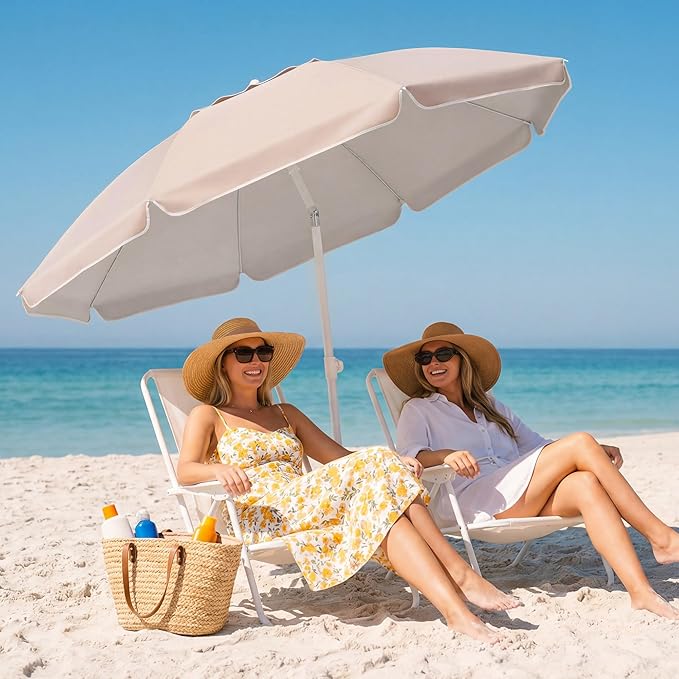 JEAREY 6.5ft Sun Shade Umbrellas, Portable Umbrella with Stand, Lightweight Sun Protection Free Standing Sport Umbrella for Outdoor Sports, Camping, Fishing, Patio, Beach, Beige