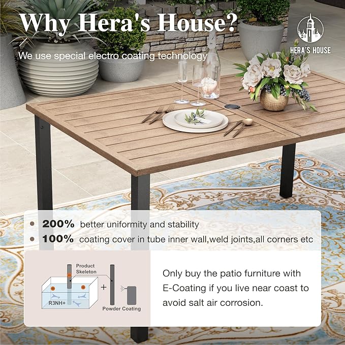 HERA'S HOUSE 7pc Patio Dining Set, Wood-Like Metal Table, 6 Brown Chairs | 60" rectangular table with umbrella hole. Waterproof, rust-resistant, all-weather for backyard, porch