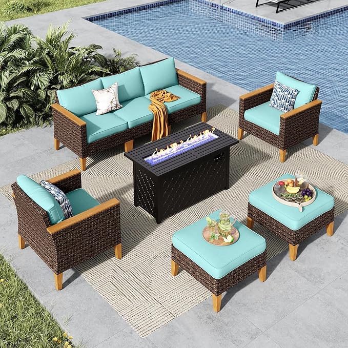 MFSTUDIO 7 Piece Patio Furniture Set with Fire Pit Table, 2 x Single Chair, 2 x Ottoman, 3-Seat Sofa, All-Weather PE Rattan Patio Conversation Set Sectional Sofa for Garden(Aqua Blue Cushions)