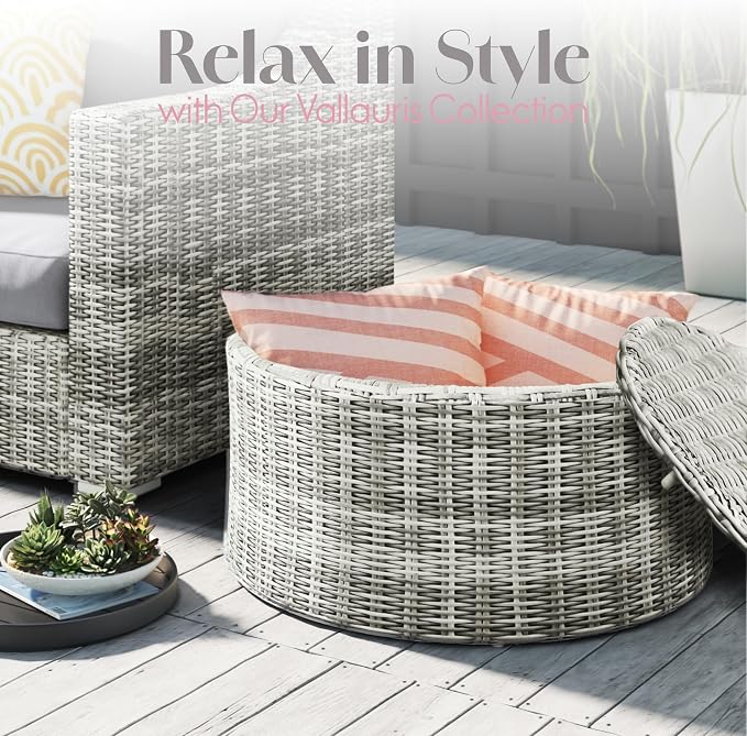 Pemberly Row Contemporary Outdoor Coffee Table, 30-Inch Round Wicker Top, Gray Finish, Weather-Resistant, Hidden Storage, Rust-Resistant Metal Frame, Adjustable Feet, Modern Patio Furniture