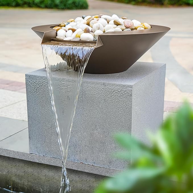 20" Round Garden Water Bowl, Stainless Steel Spilling Water Feature for Outdoor Ponds, and Other Landscaped Areas (Antique Brown Coated)