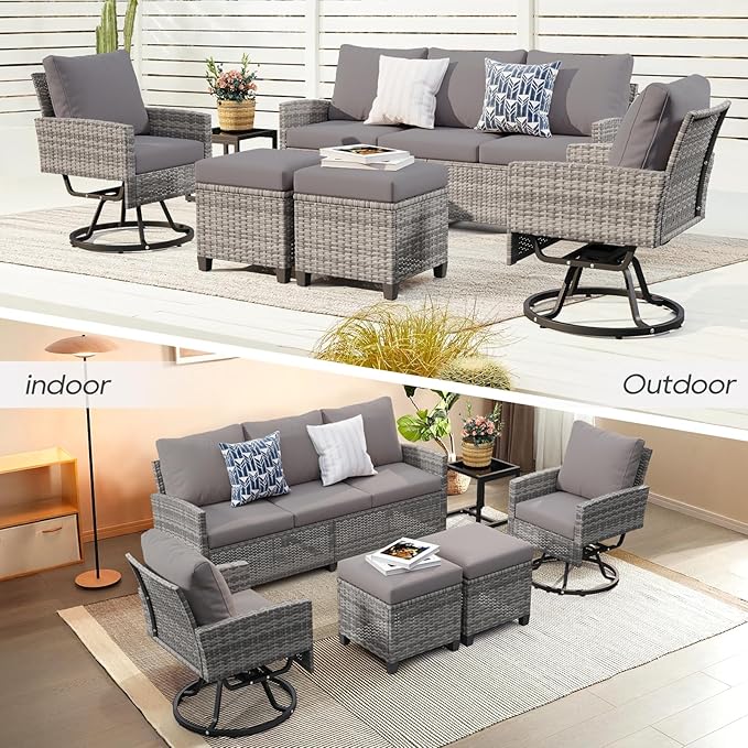6 Piece Outdoor Furniture Set, Rattan Patio Furniture with 2 Swivel Chairs, 3-Seat Sofa, 2 Ottoman & Side Table, All-Weather Conversation Set for Porch Garden Lawn Balcony (Gray & Gray)
