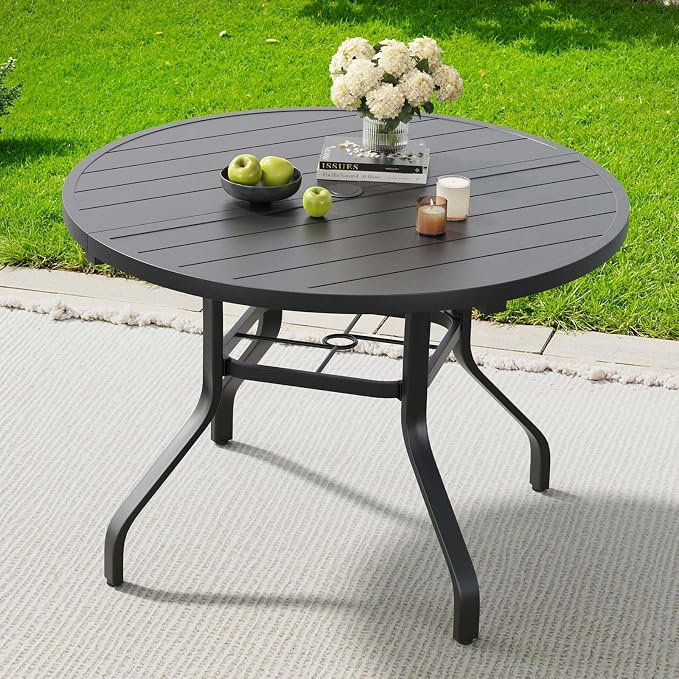 HRVEOCEI 47" Outdoor Round Table with Umbrella Hole, Metal Patio Dining Tables for Lawn Garden, Wood-Like Grain Bistro Table Outdoor for Backyard,Poolside,Deck,Por (Dark Black, Round)