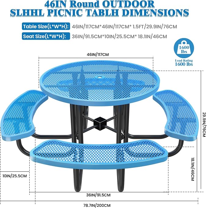 Ceridwen Heavy Duty Picnic Table with 4 Benches, Expanded Metal Steel Mesh Outdoor Patio Dining Table Bench Set with Umbrella Hole,Outdoor Patio Dining Table for Garden (Round, Blue, 46FT)