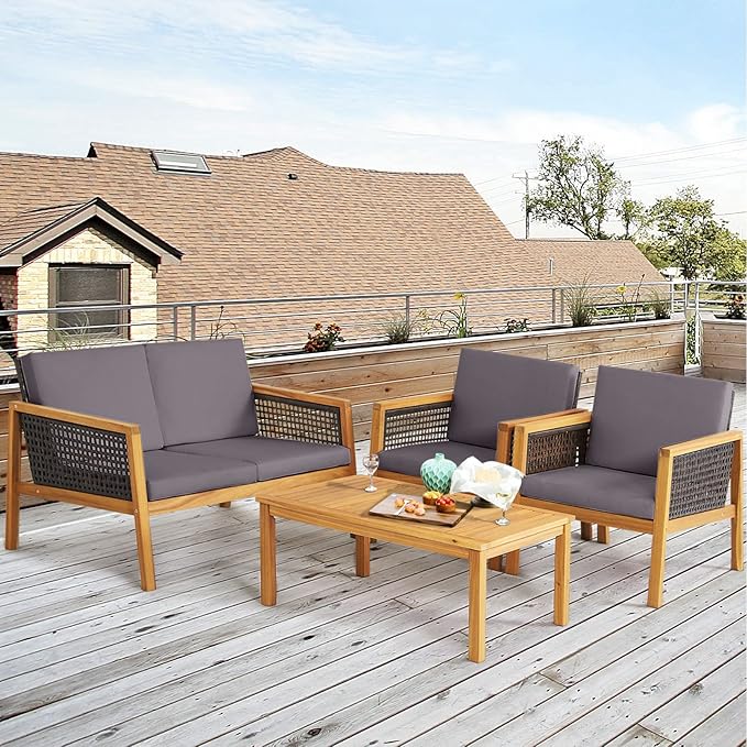 HAPPYGRILL 4 Pieces Patio Conversation Set Acacia Wood Furniture Set with Coffee Table, PE Rattan Wicker Sofa Set with Soft Cushions for Outdoor Garden Deck Poolside