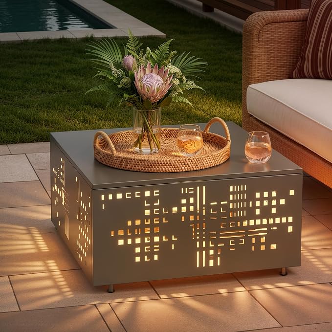 CAODOC 27" Square Outdoor Coffee Table with Umbrella Hole & Solar Light, Rust-Proof Metal Patio Table, Small Minimalist Low Accent Table for Living Room, Balcony, Deck, Backyard, Gray