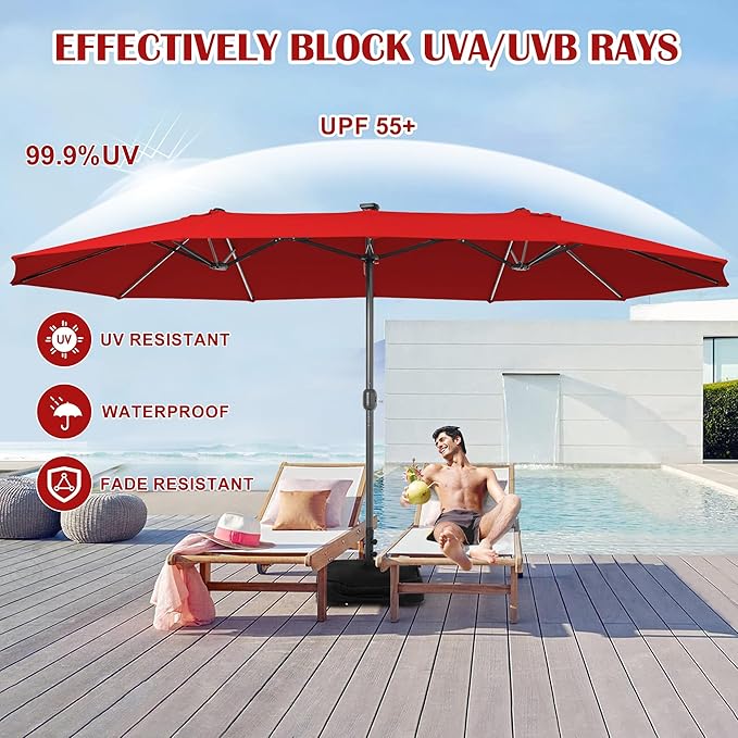 Sundale Outdoor Solar 15 ft 144 LED Olefin 5-Year-Non-Fading Patio Umbrella with Sandbag Base Included and Cover, Outdoor Double-Sided Umbrella with Lights