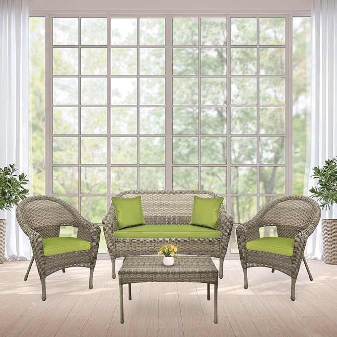 Jeco W00402G-G-FS029 Set of 4 Resin Wicker Clark Conversation Set, Grey, Sage Green Cushion