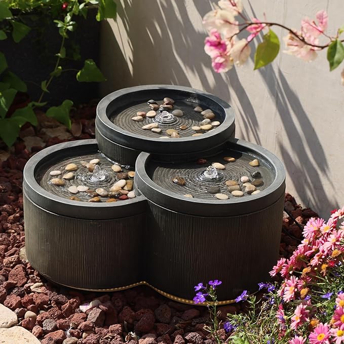 Sunlinua Small Modern Outdoor Water Fountain with 3 Led Lights Tiered Cascading Waterfall Feature with Quiet Pump Floor Water Fountain for Patio Garden Backyard Home and Indoor Décor Black Gray