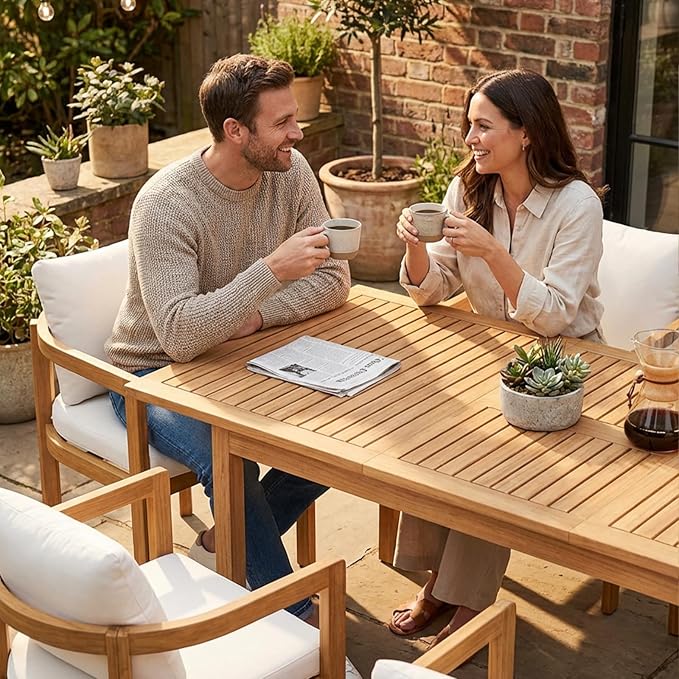 SUNSITT 7-Piece Outdoor Patio Dining Set, 59" - 79" Acacia Wood Expandable Outdoor Table Set and 6 Curved Patio Arm Chairs w/Removable Cushions for Backyard, Porch, Deck