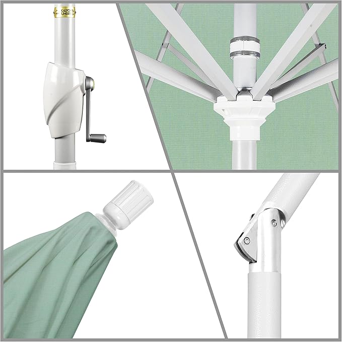 California Umbrella 9' Round Aluminum Market Umbrella, Crank Lift, Push Button Tilt, White Pole, Cilantro