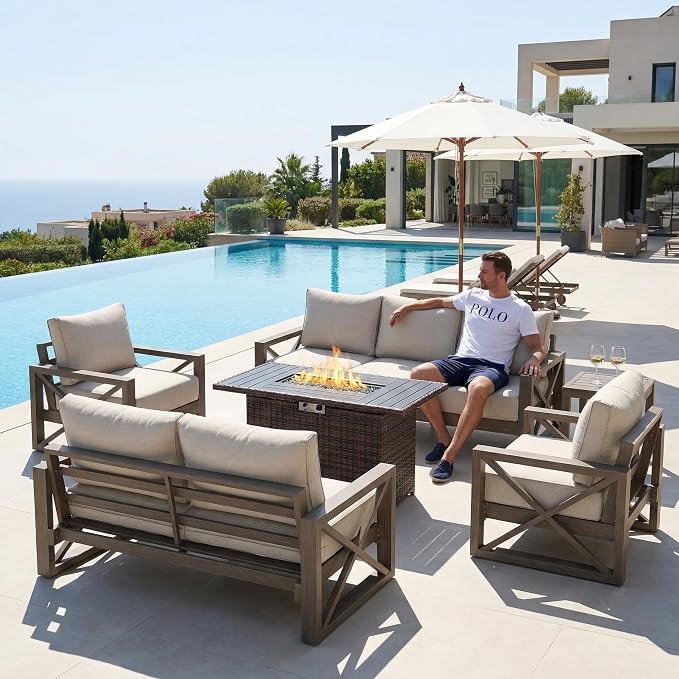 UDPATIO Aluminum Patio Furniture Set, Faux Wood Grain Modern Outdoor Furniture, 6" Cushions Metal Patio Conversation Sofa with Fire Table for Poolside Deck, 6 PCS, Beige(Include 600D Covers)