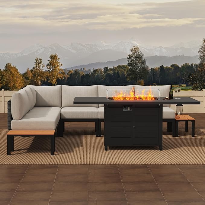 PIZZELLO 9-Piece Patio Furniture Set with 62" Fire Pit Table Outdoor Sectional Sofa Set with Coffee Table, Patio Conversation Set, Beige (6" Thickened Cushions Included)