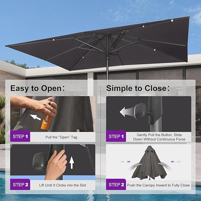 PURPLE LEAF 9 X 12 FT Commercial Rectangle Patio Market Umbrella Semi Auto Heavy Duty 1.9" Aluminum Pole 8 Sturdy Ribs for Restaurant Cafe Hotel Outdoor Dining Resort Cafes Bulk Order Deck Pool Garden Grey