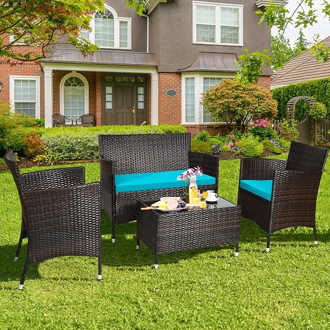 4 Pieces Patio Sofa Set, Wicker Conversation Set with Ergonomic Curved Backrest, Rattan Furniture Set with Water-Resistant Cushion & Tempered Glass Table for Balcony, Porch (Turquoise)