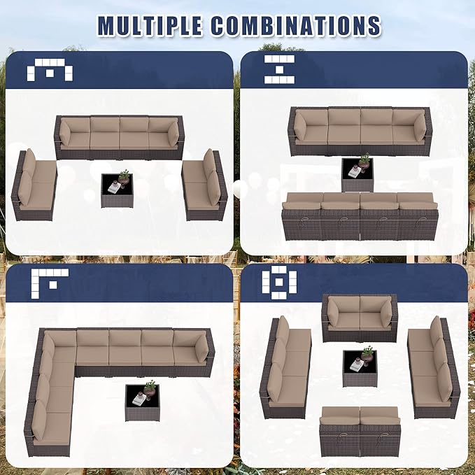Patio Furniture Set 9pcs Outdoor Furniture for Backyard Sectional Sofa Set, Wicker Rattan Outdoor Conversation Set with 4 Inch Thickened Cushions and Coffee Table, Sand