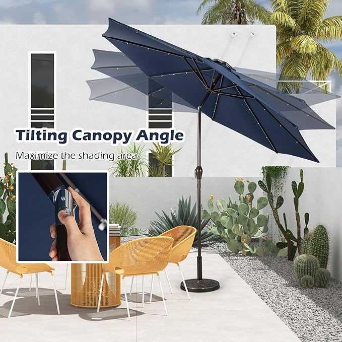 Giantex 9ft/10ft Outdoor Patio umbrella with Solar Lights, Table Market Umbrella with Crank and Push-button Tilt System, Solar LED Lighted Patio Umbrella for Backyard Deck Pool Beach