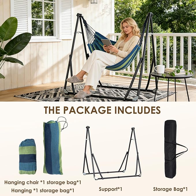 SogesHome 2-in-1 Convertible Hammock Chairs with Stand, 440LBS Capacity, Large Canvas Outdoor Two People Swing Bed, Foldable Portable for Backyard Patio Garden Camping Travel, Blue Green Striped