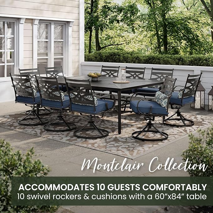 Hanover Montclair 11-Piece Patio Dining Set with 10 Swivel Rocker Chairs, Accent Lumbar Pillows and 84"x60" Steel Stamped Rectangular Table, Large Outdoor Patio Dining Set for 10, Navy Blue