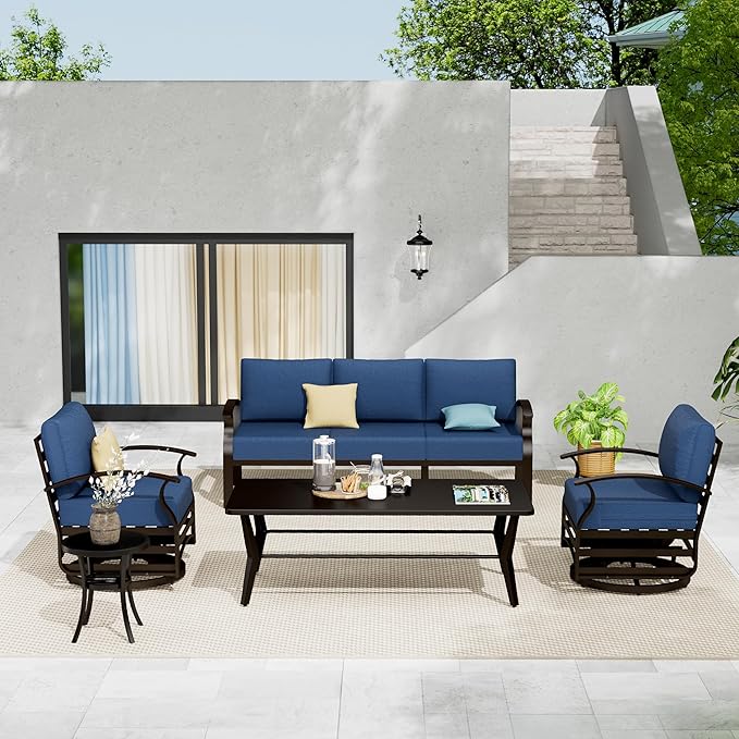 Aluminum Patio Furniture Set with Coffee Table,5 Seats Metal Modern Outdoor Furniture Set w/5.1" Thick Cushions,Patio Sectional w/Swivel Chairs for Backyard,Patio,Navy