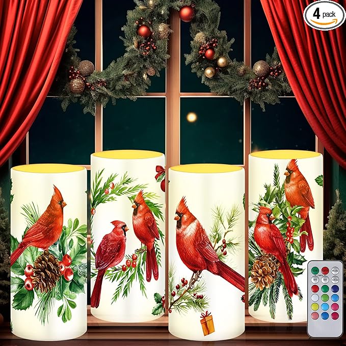 Tiamon 4 Pcs Christmas Red Bird Candles LED Bird Theme Flameless Candles Set LED Warm Light Flickering Xmas Pillar Decor for Holiday Table Decorations