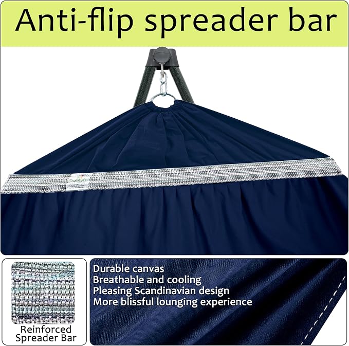 Tranquillo Ultimate Relaxation Portable Hammock Stand with Cotton Canvas Net, Spreader Bar, Quick Fold Unfold in 30 Seconds Steel Frame Hammock 600 lbs Capacity Outdoor, Navy