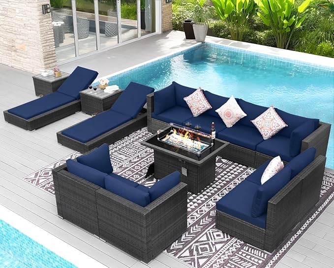 NICESOUL 13 Piece Outside Furniture with Firepit, Extra Large Outdoor Sofa Set with Lounges, Oversized Wicker Patio Sets with Long Fire Pits and Double Chaise, Big 10-Persons Seating Group, Gray&Navy