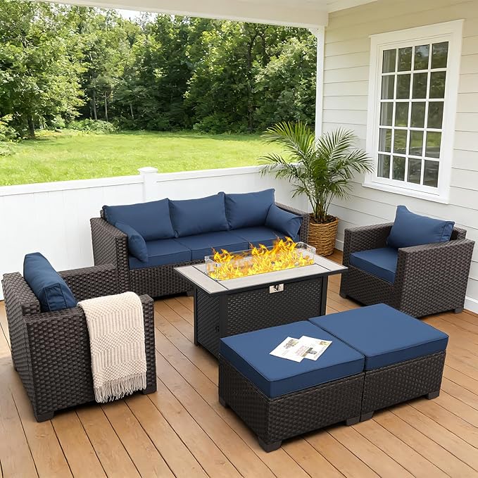 6-Piece Patio Furniture Set Outdoor Furniture Set with 45'' Propane Gas Fire Pit Table Outdoor Conversation Set Wicker Sofa Set Non-Slip Cushions Waterproof Covers, Navy Blue