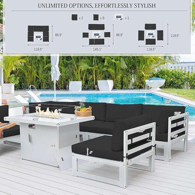 BULEXYARD 9 Piece Luxurious Aluminum Patio Furniture Set with Fireplace, 500 lbs Durable Outdoor Sectional Sofa, 29" Deep and Wide Big Seats, U Shaped Combo Conversation Couch for Outside Deck, Black